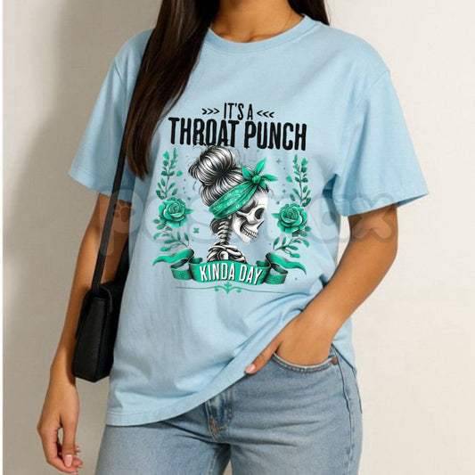 "It's A Throat Punch Kinda Day" Skull & Roses T-Shirt – Men's Edgy Biker Style Graphic Tee, Premium 100% Cotton Sarcastic Attitude Top, Soft Lived-In Heavyweight Gritty Statement Shirt, Made in USA-Pasimax