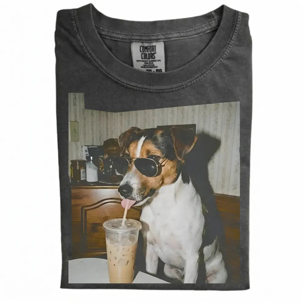 Comfort Colors® Custom Dog Breeds Drinking Iced Coffee T-Shirt – Vintage 90s Funny Edgy Dog Meme Tee, Aesthetic Coffee Lover Dog Mom Gift Shirt