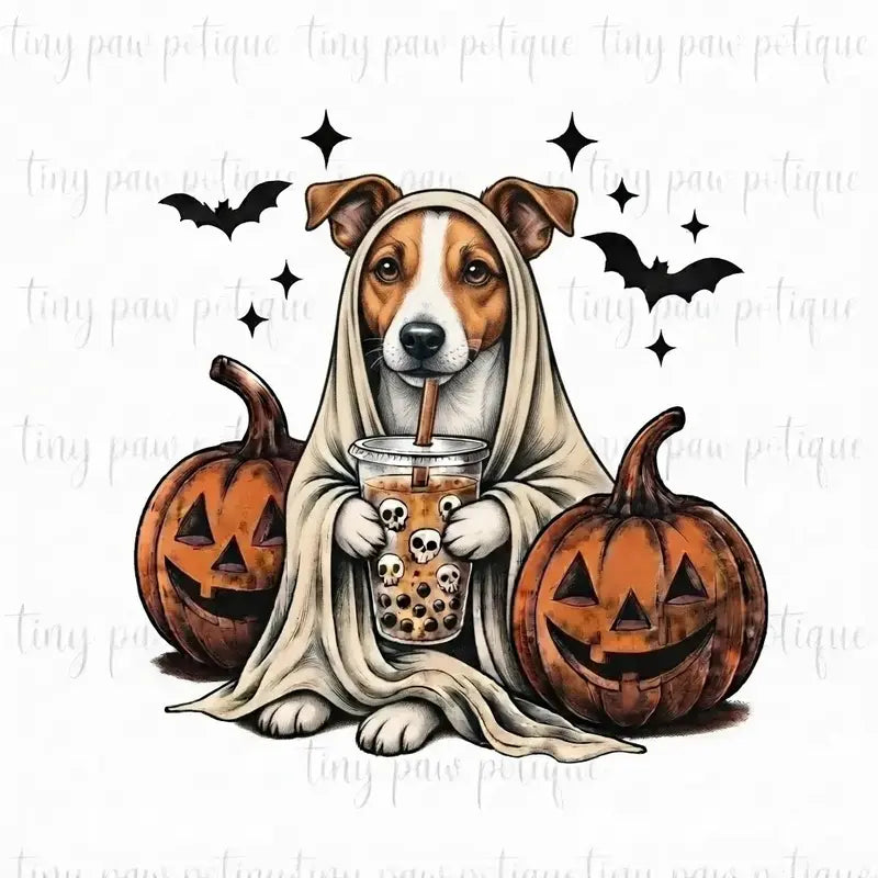Comfort Colors® Custom Ghost & Boba Tea Halloween Dog T-Shirt – Spooky Season Bubble Tea Graphic Tee, Cute Ghost Dog Unisex Top & Gift