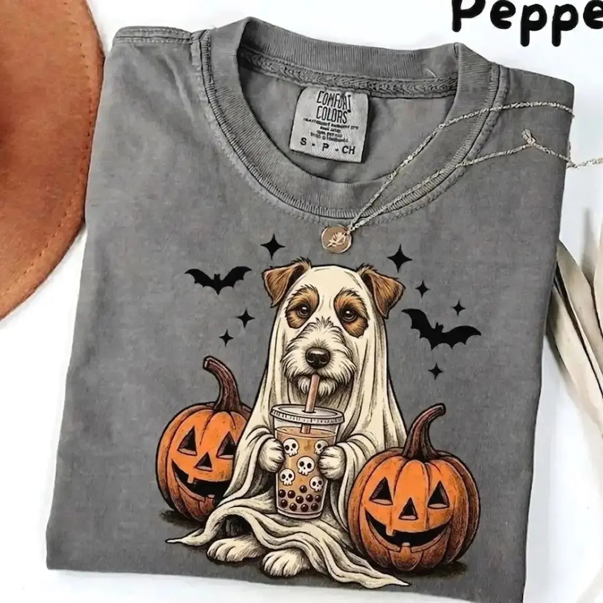 Comfort Colors® Pepper Dog Ghost & Boba Tea Halloween T-Shirt – Custom Dog Breeds Spooky Season Graphic Tee, Vintage Pet Lover Unisex Top