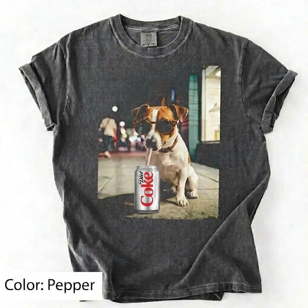 Comfort Colors® Dog Breeds Drinking Diet Coke T-Shirt – Funny Dog Dad Soda Lover Graphic Tee, Aesthetic Retro Puppy Animal Meme Shirt, Cute Pet Gift