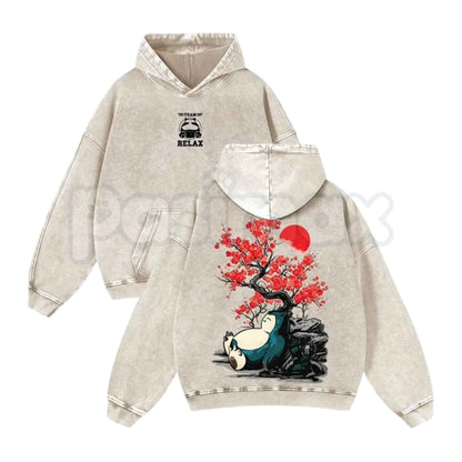 Japanese Red Plum Blossoms & Plump Beast Washed Hoodie – Ink-Wash Red Sun Graphic Pullover, Unisex Aesthetic Streetwear-Pasimax