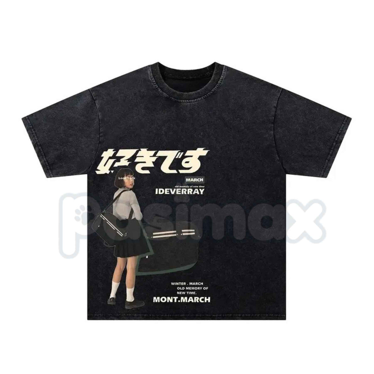 Japanese "Suki Desu" Schoolgirl Vintage Washed Graphic T-Shirt – Retro Anime Romance Manga Art Tee, Acid Wash Lightweight Cotton Unisex Top-Pasimax
