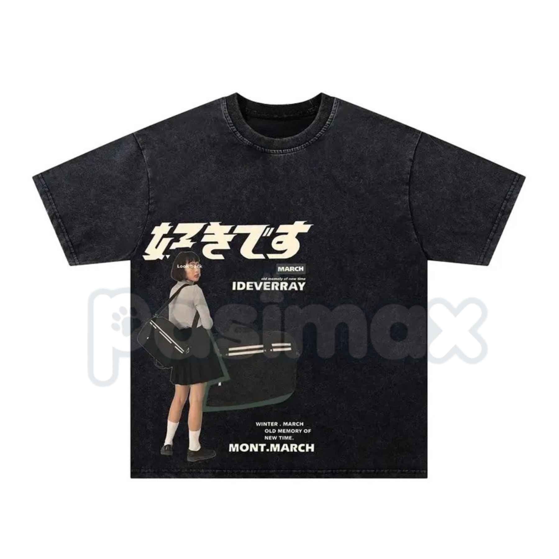 Japanese "Suki Desu" Schoolgirl Vintage Washed Graphic T-Shirt – Retro Anime Romance Manga Art Tee, Acid Wash Lightweight Cotton Unisex Top-Pasimax
