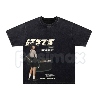 Japanese "Suki Desu" Schoolgirl Vintage Washed Graphic T-Shirt – Retro Anime Romance Manga Art Tee, Acid Wash Lightweight Cotton Unisex Top-Pasimax
