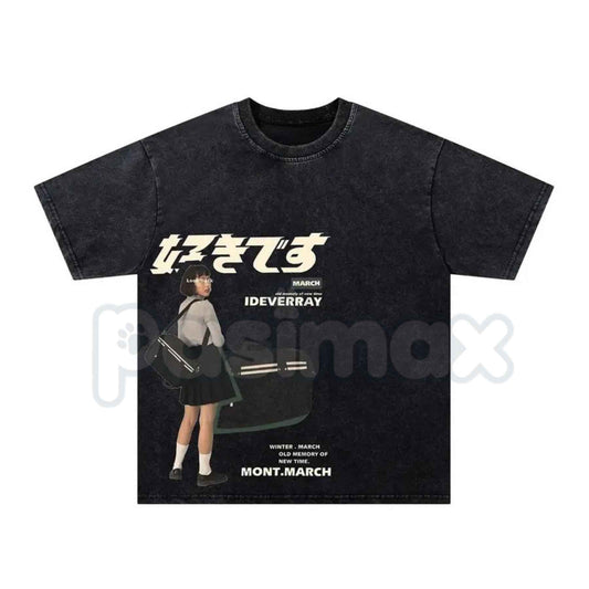 Japanese "Suki Desu" Schoolgirl Vintage Washed Graphic T-Shirt – Retro Anime Romance Manga Art Tee, Acid Wash Lightweight Cotton Unisex Top-Pasimax