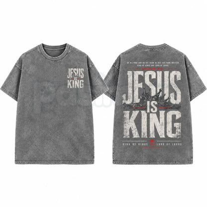 Jesus Is King Christian Washed Shirt – Retro Faith Graphic Tee, Vintage Mineral Wash Lightweight Cotton Unisex Worship Streetwear Top-Pasimax