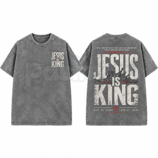 Jesus Is King Christian Washed Shirt – Retro Faith Graphic Tee, Vintage Mineral Wash Lightweight Cotton Unisex Worship Streetwear Top-Pasimax