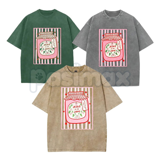 Jesus Is My Jam Strawberry Jam Jar T-Shirt – Pink Washed Christian Graphic Tee, Lightweight "Make His Mercy Known" Faith Top-Pasimax