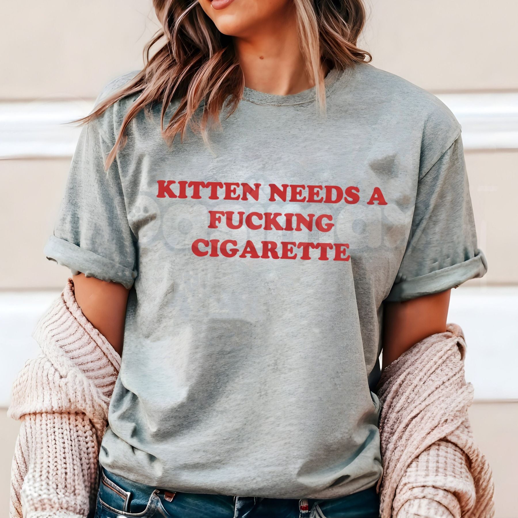 Kitten Need a Fking Cigarette T-Shirt - Funny Viral Meme Shirt, Absurd Dark Humor Tee, Stressed Cat Internet Culture Apparel-Pasimax