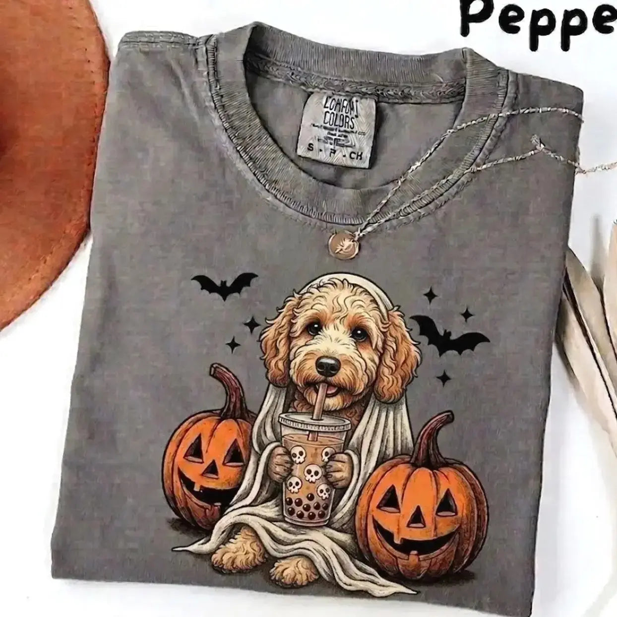 Comfort Colors® Pepper Dog Ghost & Boba Tea Halloween T-Shirt – Custom Dog Breeds Spooky Season Graphic Tee, Vintage Pet Lover Unisex Top