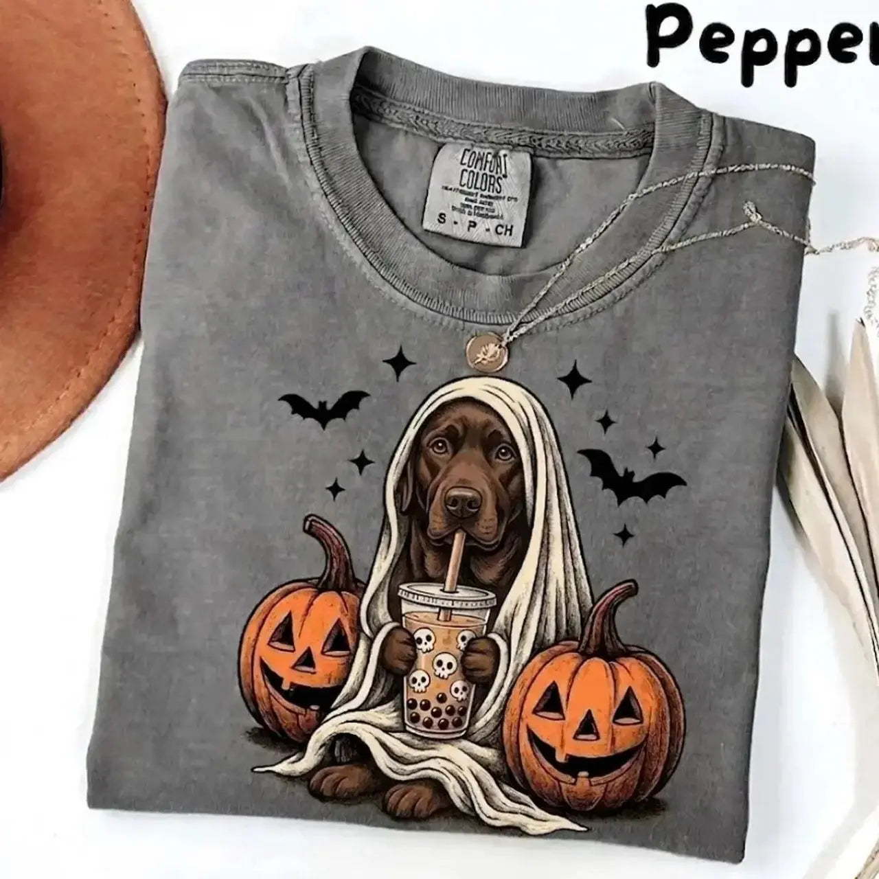 Comfort Colors® Pepper Dog Ghost & Boba Tea Halloween T-Shirt – Custom Dog Breeds Spooky Season Graphic Tee, Vintage Pet Lover Unisex Top