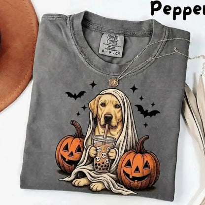 Comfort Colors® Pepper Dog Ghost & Boba Tea Halloween T-Shirt – Custom Dog Breeds Spooky Season Graphic Tee, Vintage Pet Lover Unisex Top