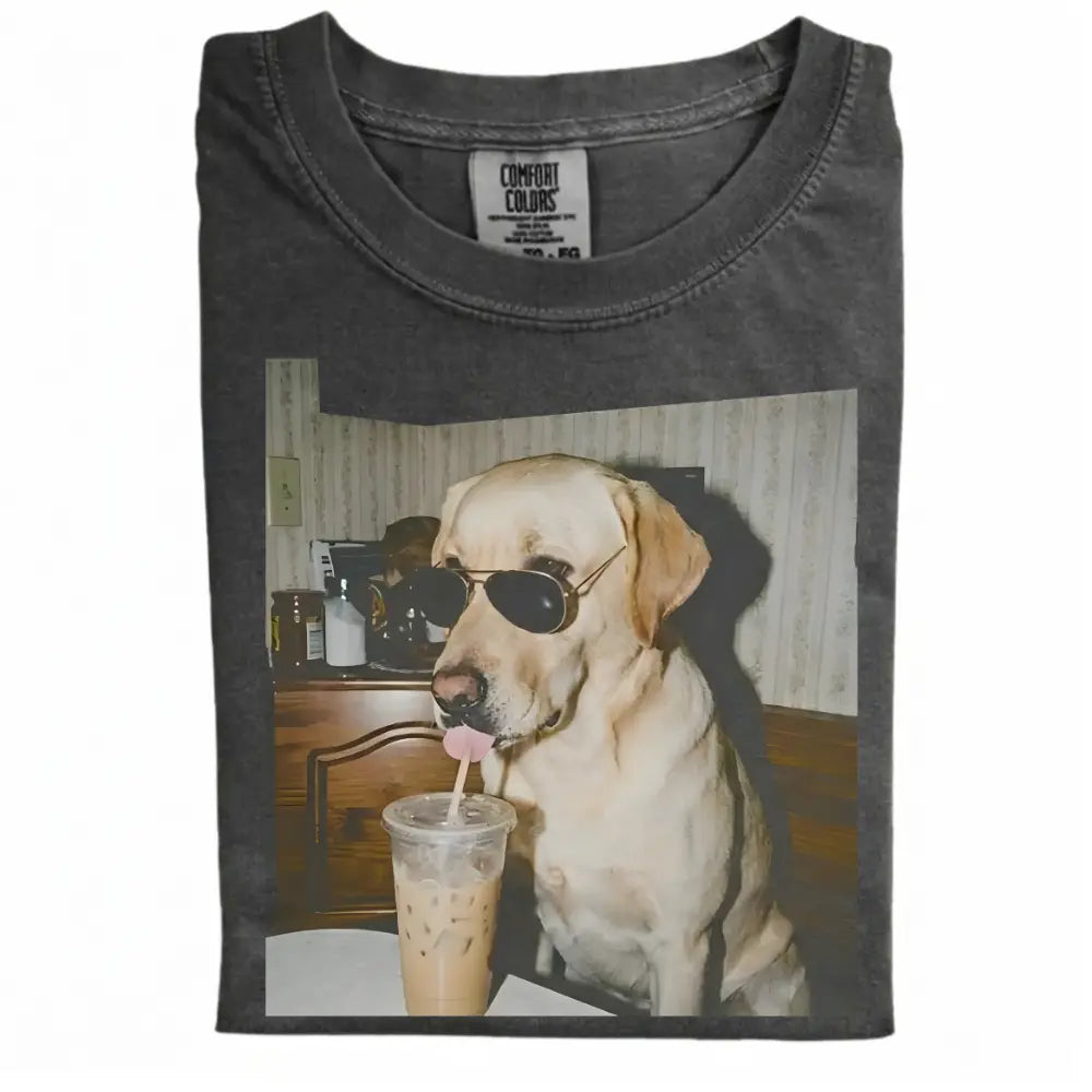Comfort Colors® Custom Dog Breeds Drinking Iced Coffee T-Shirt – Vintage 90s Funny Edgy Dog Meme Tee, Aesthetic Coffee Lover Dog Mom Gift Shirt