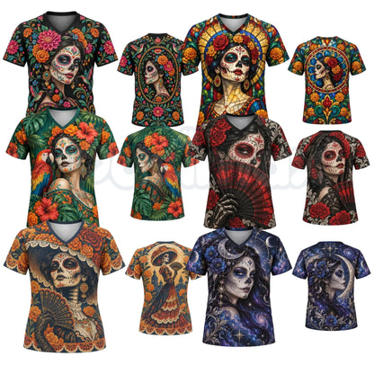 Lady's Mexican Día de los Muertos Skull La Catrina V-Neck Shirt – Day of the Dead Heritage Graphic Tee-Pasimax