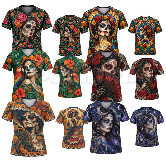 Lady's Mexican Día de los Muertos Skull La Catrina V-Neck Shirt – Day of the Dead Heritage Graphic Tee-Pasimax