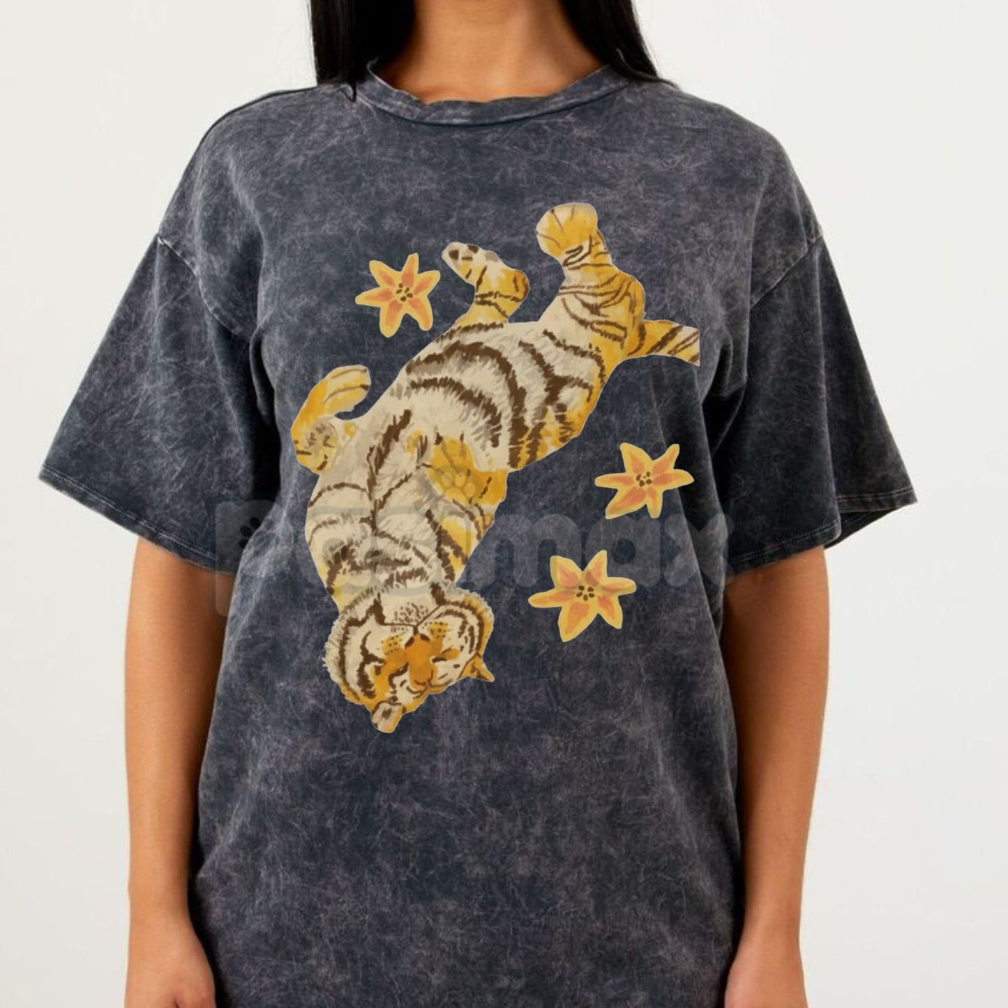 Lazy Tiger Unisex Vintage Washed Tee – Oversized Animal Graphic Shirt, Chill Streetwear-Pasimax