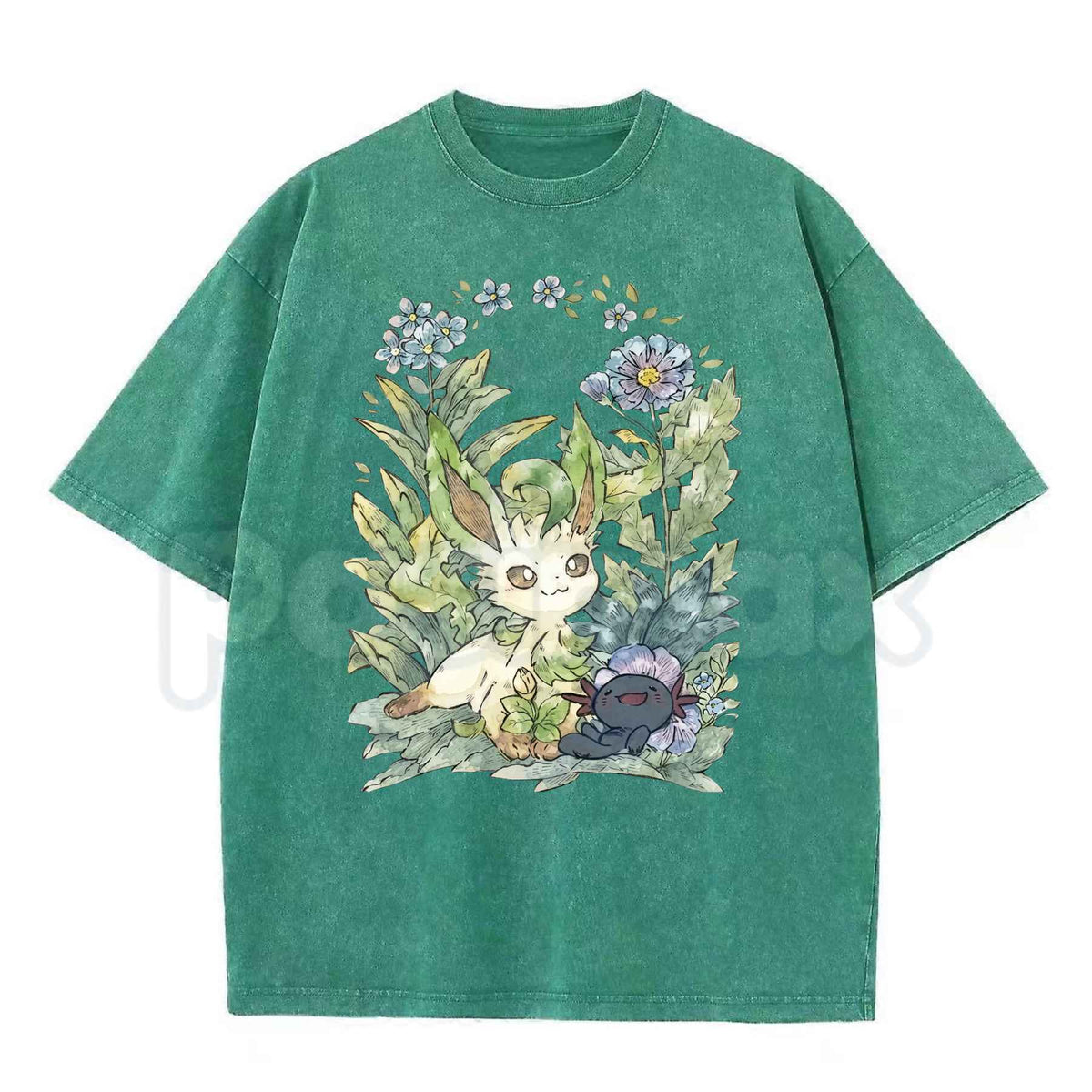 Leafeon & Wooper Garden Watercolor Floral Graphic T-Shirt – Retro Pokemon Cottagecore Botanical Tee, Vintage Washed Lightweight Cotton Unisex Top-Pasimax