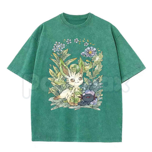 Leafeon & Wooper Garden Watercolor Floral Graphic T-Shirt – Retro Pokemon Cottagecore Botanical Tee, Vintage Washed Lightweight Cotton Unisex Top-Pasimax