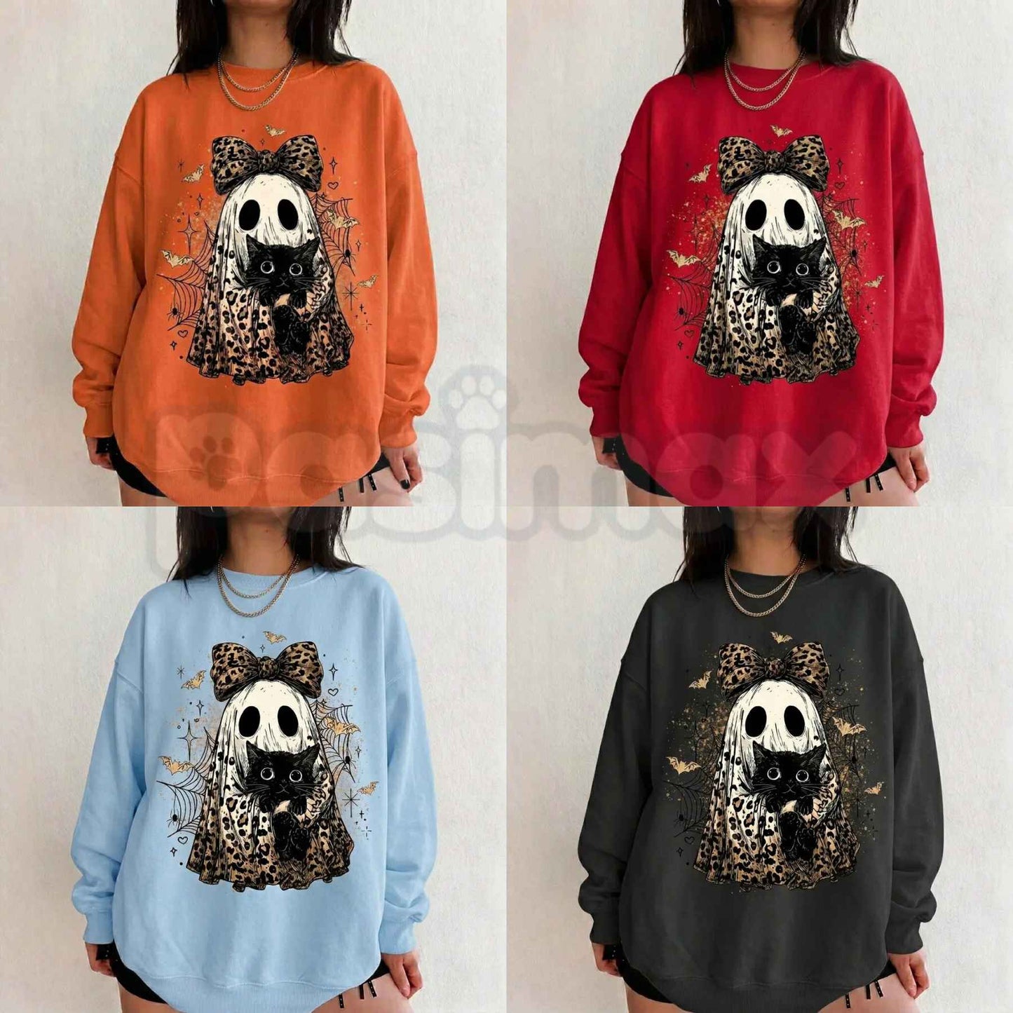 Leopard Ghost Cat Halloween Sweatshirt | Cute Spooky Cat Shirt-Pasimax