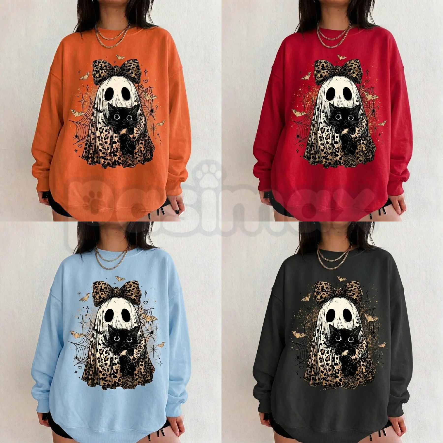 Leopard Ghost Cat Halloween Sweatshirt | Cute Spooky Cat Shirt-Pasimax