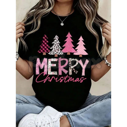 Leopard Print Pink Plaid Christmas Trees T-Shirt - Glam Holiday Statement Tee, Maximalist Festive Fashion for Women, Edgy Seasonal Graphic-Pasimax