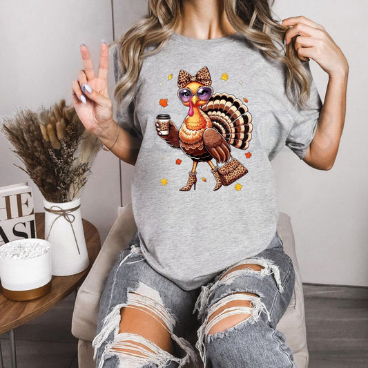 Leopard Turkey Drinking Coffee Thanksgiving T-Shirt – Funny Fall Holiday Graphic Tee-Pasimax