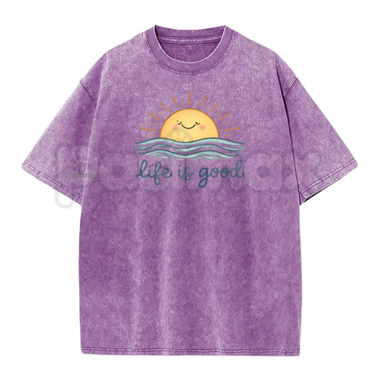 Life is Good Vintage Washed T-Shirt – Retro Crew Neck Graphic Tee, Positive Vibes Lightweight Cotton Top, Sincere Inspirational Streetwear-Pasimax