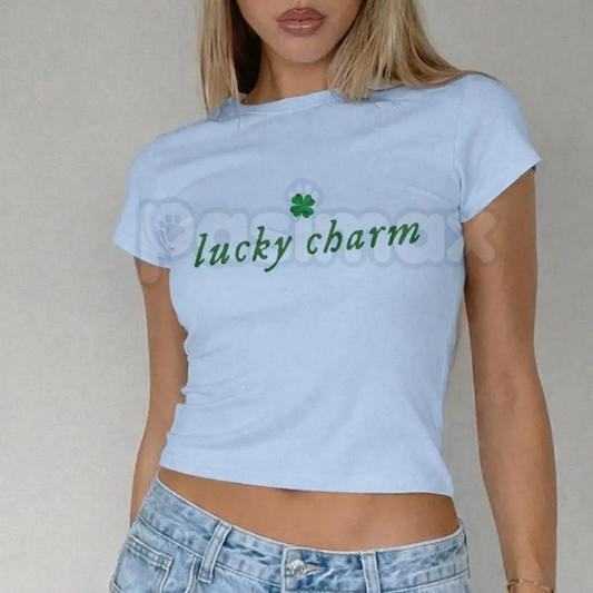 "Lucky Charm" Varsity St. Patrick's Day Baby Tee - Retro Collegiate 90s Aesthetic Top, Premium 100% Cotton Sporty St. Paddy's Shirt, Cute Lucky Charm Club Graphic Tee, Y2K Aesthetic Gift for Her, Soft Lived-In Green Clover Streetwear-Pasimax