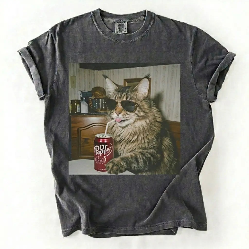 Comfort Colors® Vintage Cat Breeds Drinking Soda T-Shirt – Retro 90s Funny Edgy Cat Meme Graphic Tee, Aesthetic Quirky Animal Lover Unisex Top