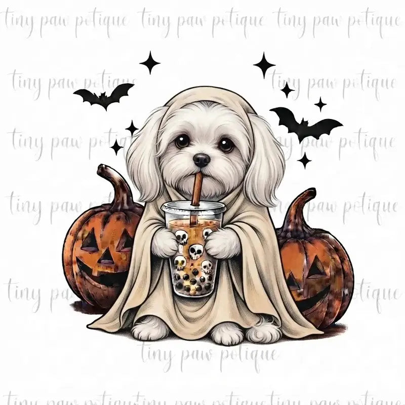 Comfort Colors® Custom Ghost & Boba Tea Halloween Dog T-Shirt – Spooky Season Bubble Tea Graphic Tee, Cute Ghost Dog Unisex Top & Gift
