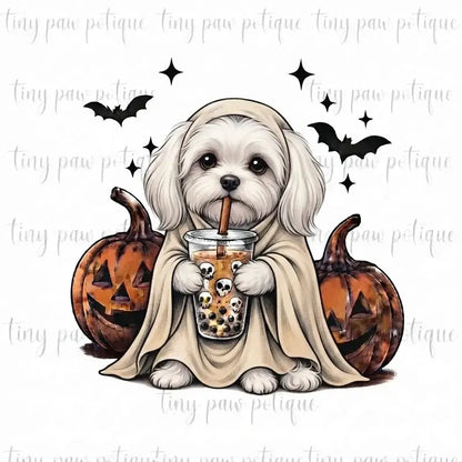 Comfort Colors® Custom Ghost & Boba Tea Halloween Dog T-Shirt – Spooky Season Bubble Tea Graphic Tee, Cute Ghost Dog Unisex Top & Gift