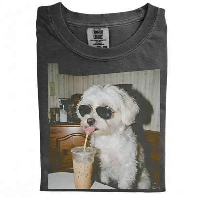 Comfort Colors® Custom Dog Breeds Drinking Iced Coffee T-Shirt – Vintage 90s Funny Edgy Dog Meme Tee, Aesthetic Coffee Lover Dog Mom Gift Shirt