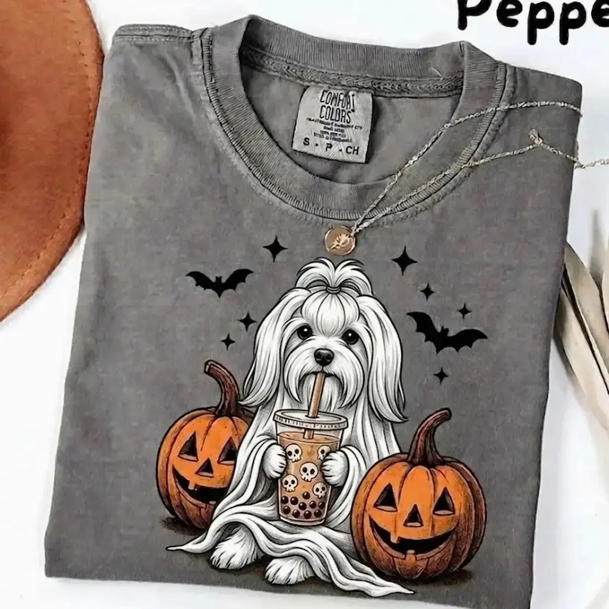 Comfort Colors® Pepper Dog Ghost & Boba Tea Halloween T-Shirt – Custom Dog Breeds Spooky Season Graphic Tee, Vintage Pet Lover Unisex Top