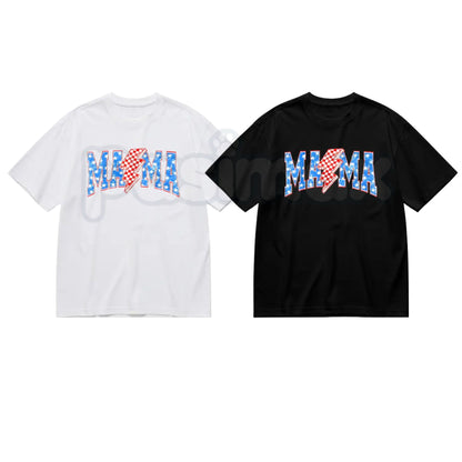 Mama Checkered Lightning Bolt T-Shirt – Retro Rocker Mom Graphic Tee-Pasimax