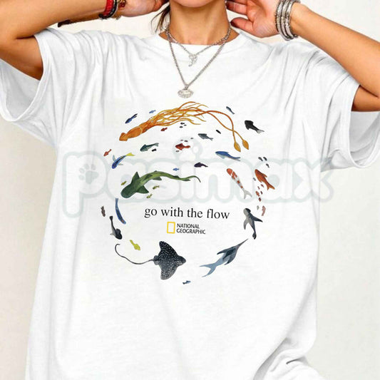 Marine Animals Go With The Flow T-Shirt – Ocean Sea Life Graphic Tee, Cute Sea Turtle & Whale Gift Shirt for Men & Women-Pasimax