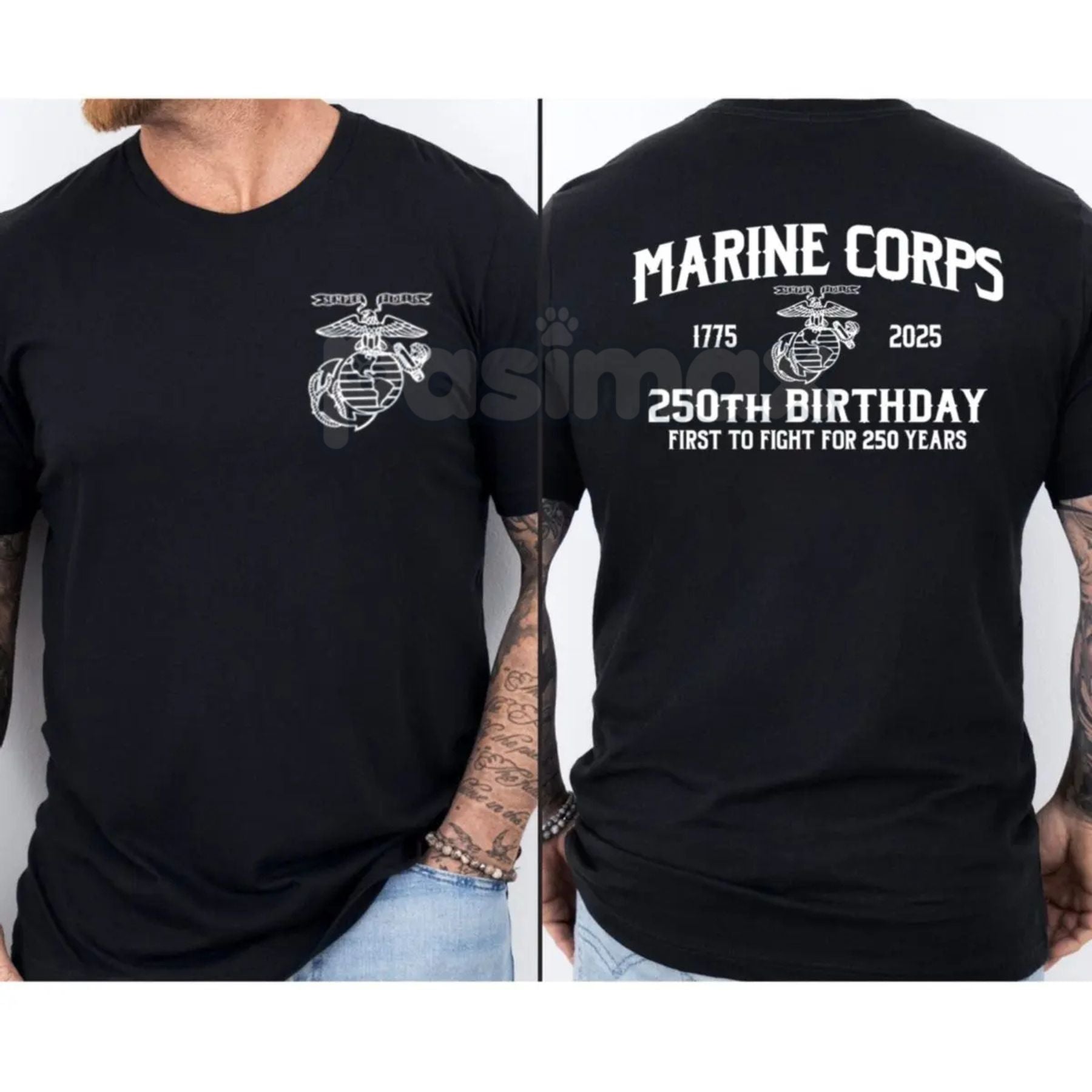Marines 250th Birthday T-Shirt - First To Fight Anniversary Tee, USMC Two-Sided Graphic Shirt, Commemorative Veteran Gift-Pasimax
