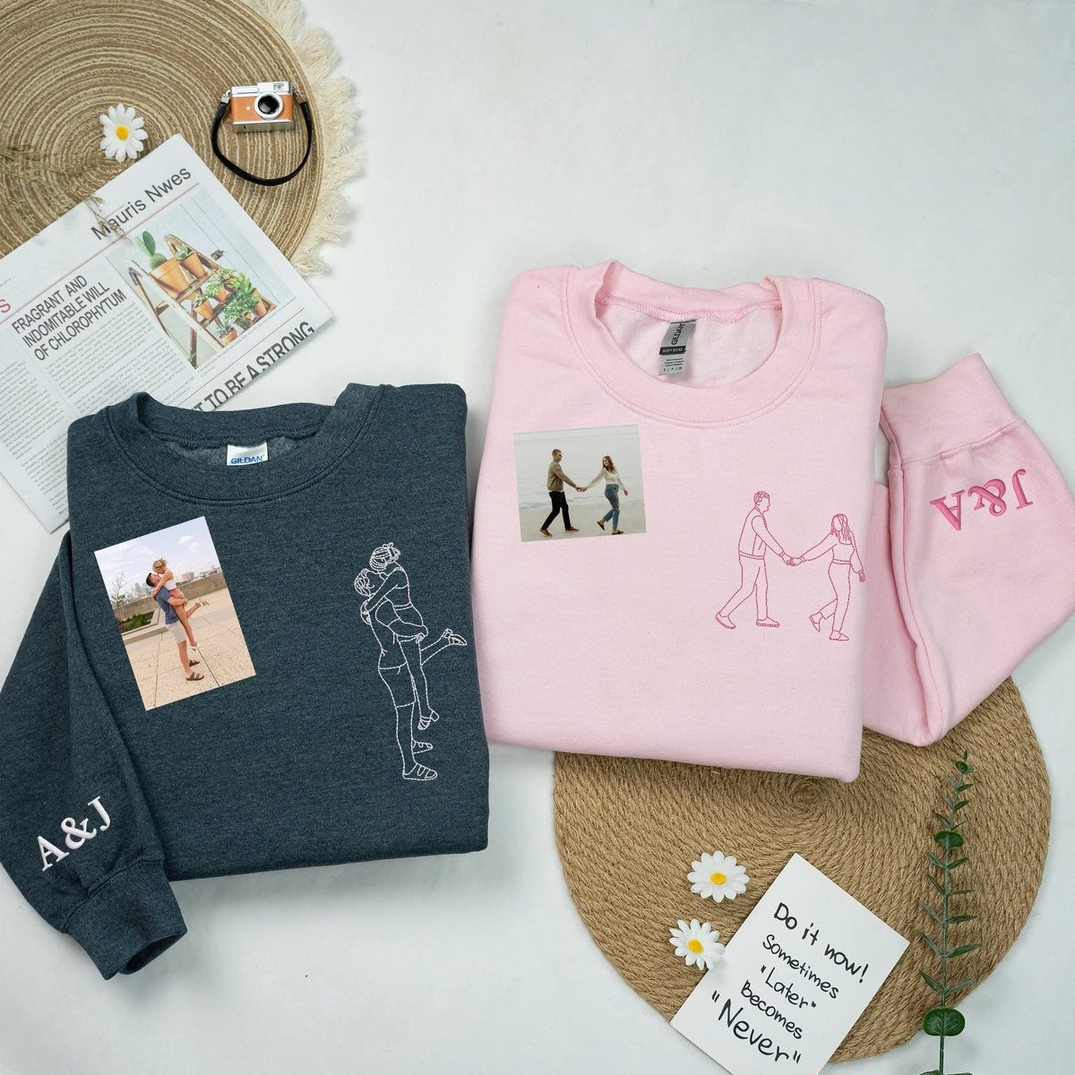 Matching Couple Hoodies, Personalized Picture Embroidered Sweatshirt, Couple Portrait Sweatshirt, Custom Anniversary Gift