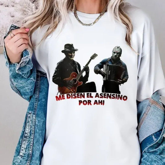 "Me Dicen El Asesino Por Ahí" Jason & Freddy T-Shirt - Unique Horror Movie Villains Tee, Halloween Killer Graphic Shirt-Pasimax