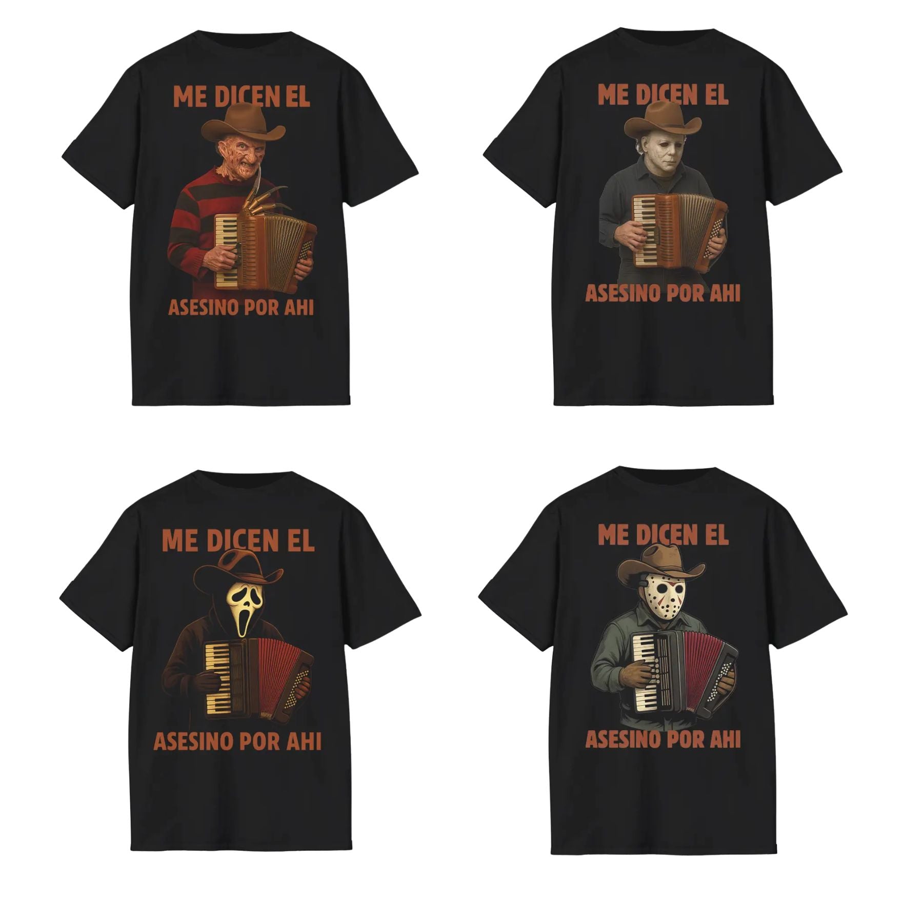 "Me Dicen El Asesino Por Ahi" T-Shirt - Funny Horror Movie Villains Accordion Tee, Jason, Freddy, Ghostface, Michael Myers-Pasimax