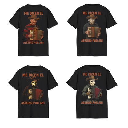"Me Dicen El Asesino Por Ahi" T-Shirt - Funny Horror Movie Villains Accordion Tee, Jason, Freddy, Ghostface, Michael Myers-Pasimax