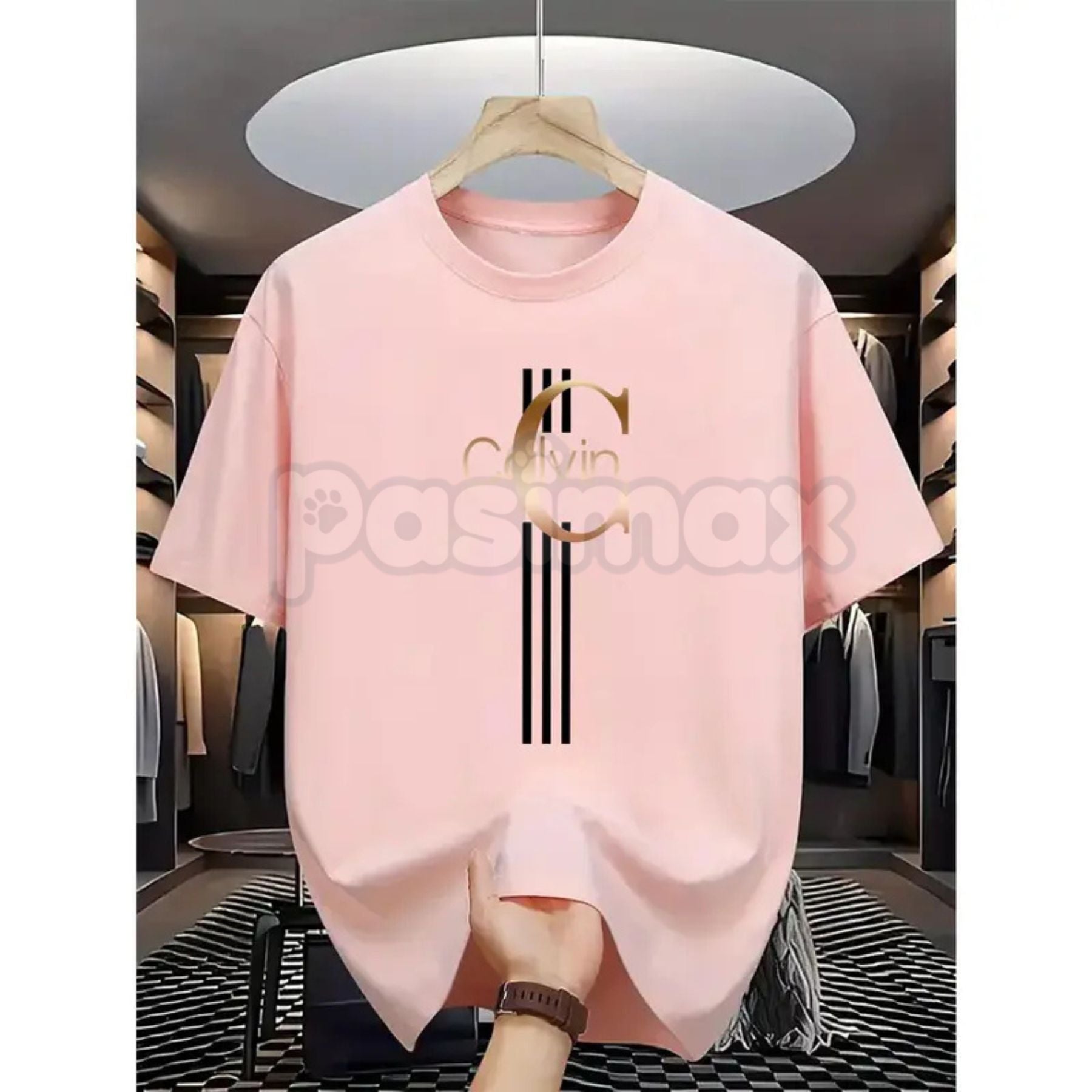 Men's Casual Calvin Print T-Shirt - Black & Gold Stripes Streetwear Tee, Comfortable Summer Crew Neck Top, Modern Urban Graphic Daily Essential Apparel-Pasimax