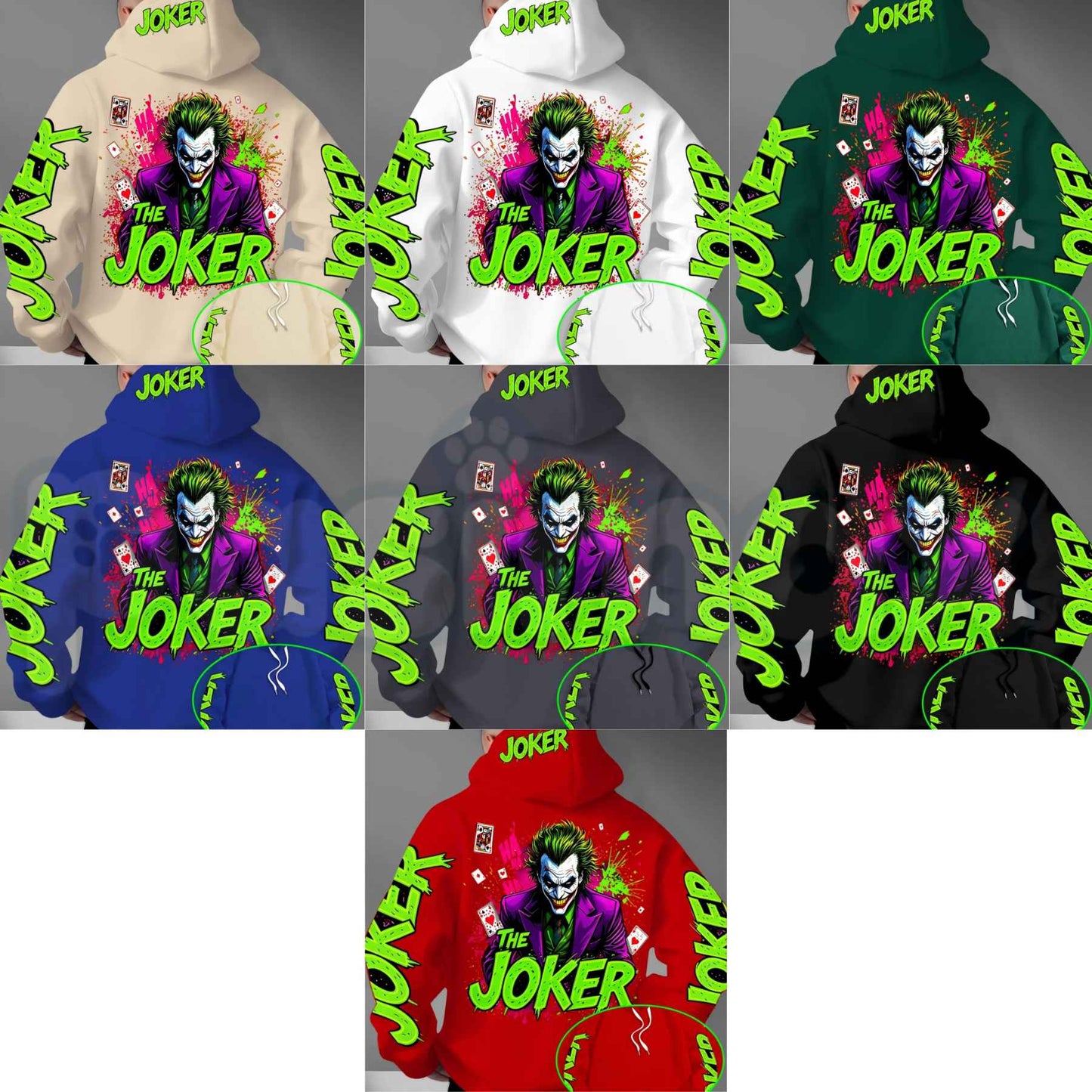Men's Fluorescent Joker Print Hoodie – Neon Villain Graphic Pullover, Edgy Streetwear Cyberpunk Sweatshirt, Spooky Dark Comedy Gift-Pasimax