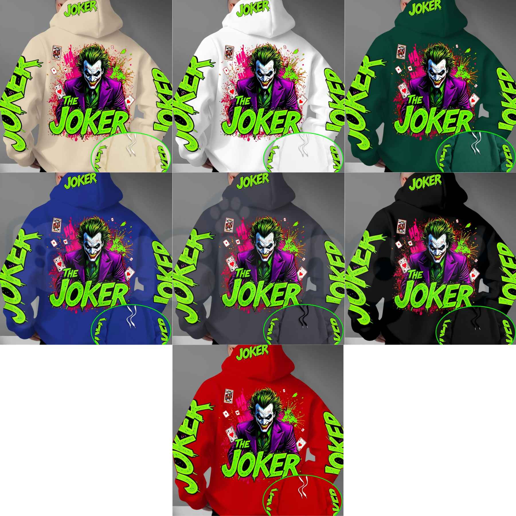 Men's Fluorescent Joker Print Hoodie – Neon Villain Graphic Pullover, Edgy Streetwear Cyberpunk Sweatshirt, Spooky Dark Comedy Gift-Pasimax