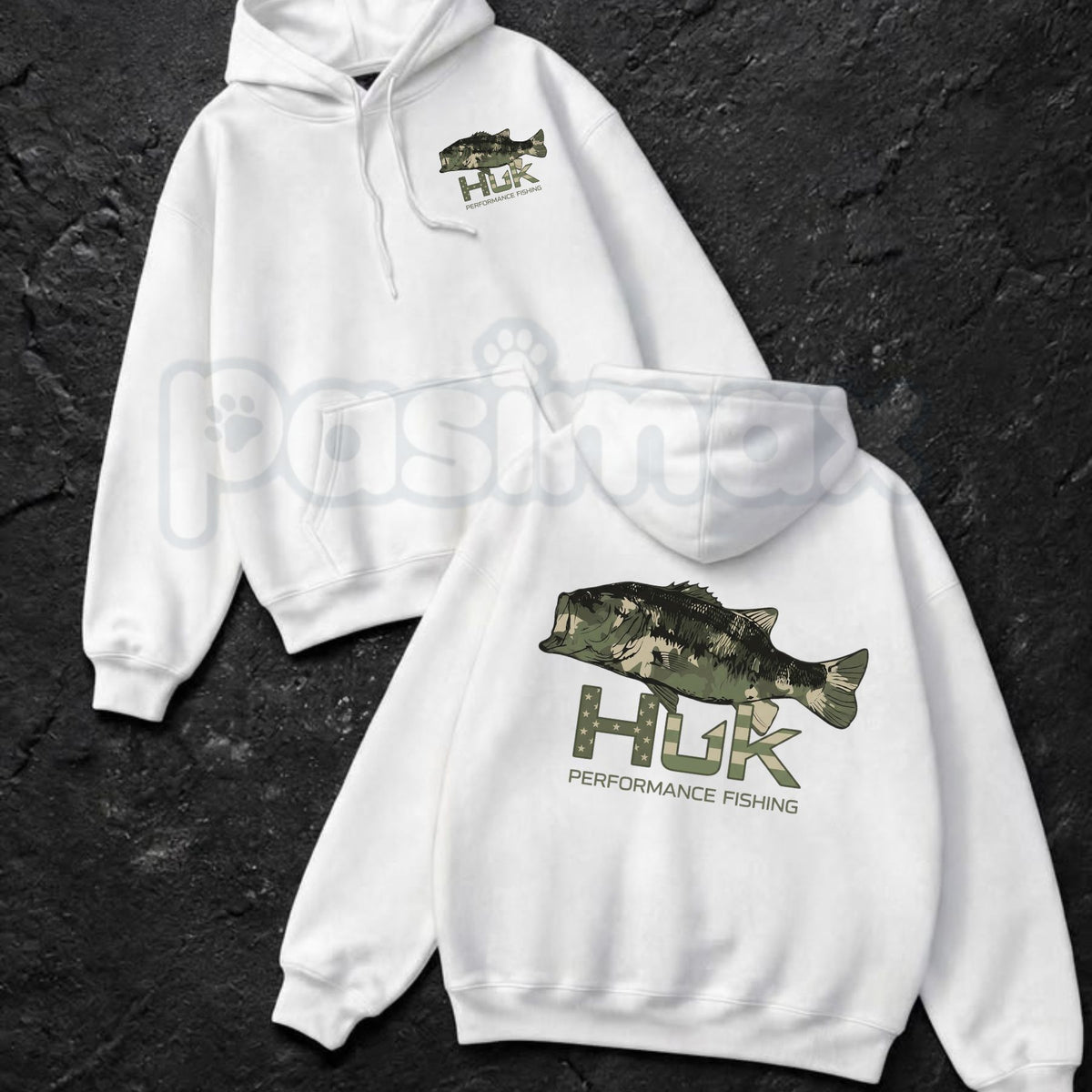 Men’s HUK Performance Fishing Hoodie – Camo Bass Graphic Pullover, Angler Outdoor Sun Protection Sweatshirt, Unisex Heavy Blend-Pasimax
