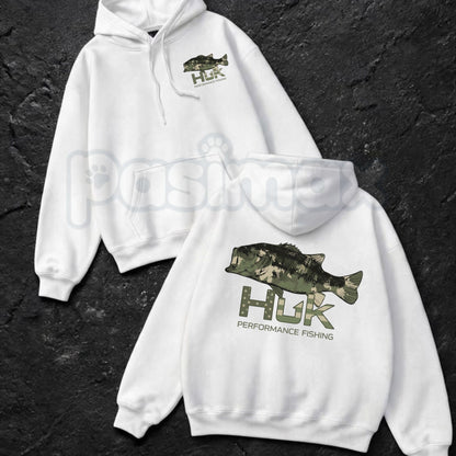 Men’s HUK Performance Fishing Hoodie – Camo Bass Graphic Pullover, Angler Outdoor Sun Protection Sweatshirt, Unisex Heavy Blend-Pasimax