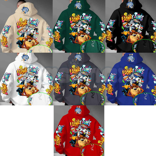 Men's Looney Tunes Back Print Hoodie – Vintage Cartoon Character Graphic Pullover, Retro Streetwear Long Sleeve Sweatshirt-Pasimax