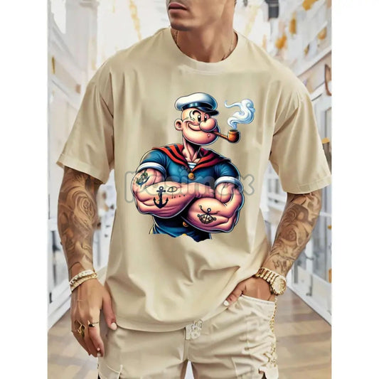 Men's Popeye Printed Urban Casual T-Shirt - Classic Cartoon Graphic Tee, Short Sleeved Round Neck-Pasimax