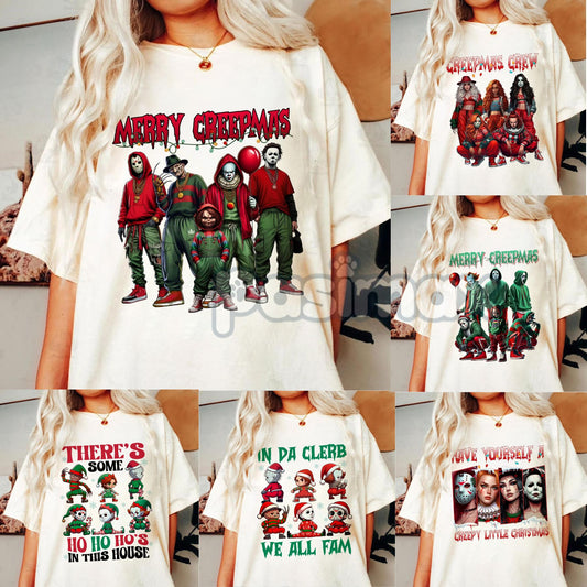 Merry Creepmas T-Shirt - Christmas Halloween Movies Characters Tee, Chibi Movie Characters Shirt-Pasimax