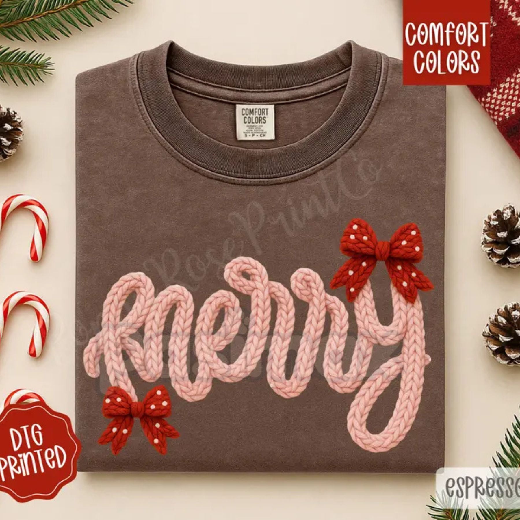 'Merry' Faux Knit Christmas Shirt – Comfort Colors® Vintage Sweater Look Tee, Cozy Holiday Graphic T-Shirt-Pasimax